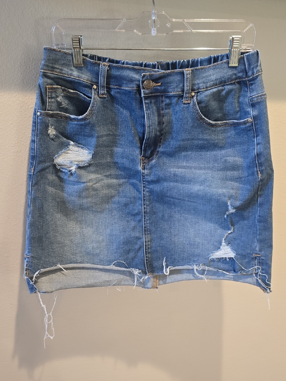 Grace & Lace Distressed Blue Denim Mini Skirt, Large